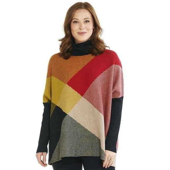 JOSEPH A. Colorblock Turtleneck Poncho Sweater Women M Multicolor - Picture 1 of 11